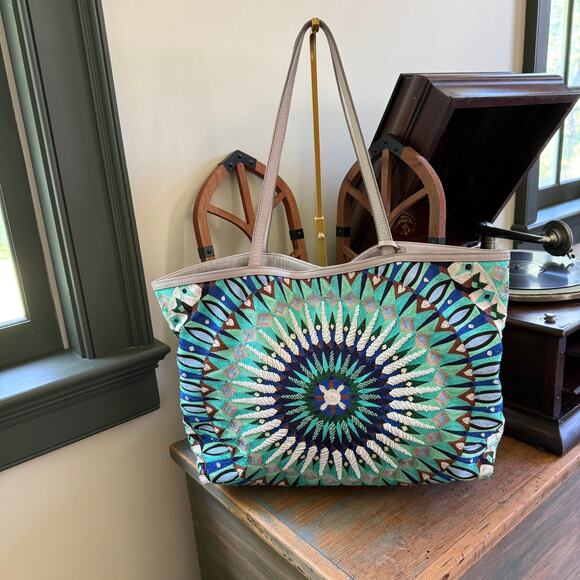 Rebecca Minkoff Handbags - Rebecca Minkoff Embroidered Beaded Leather Tote Bag Gray Blue Green Purple Ivory